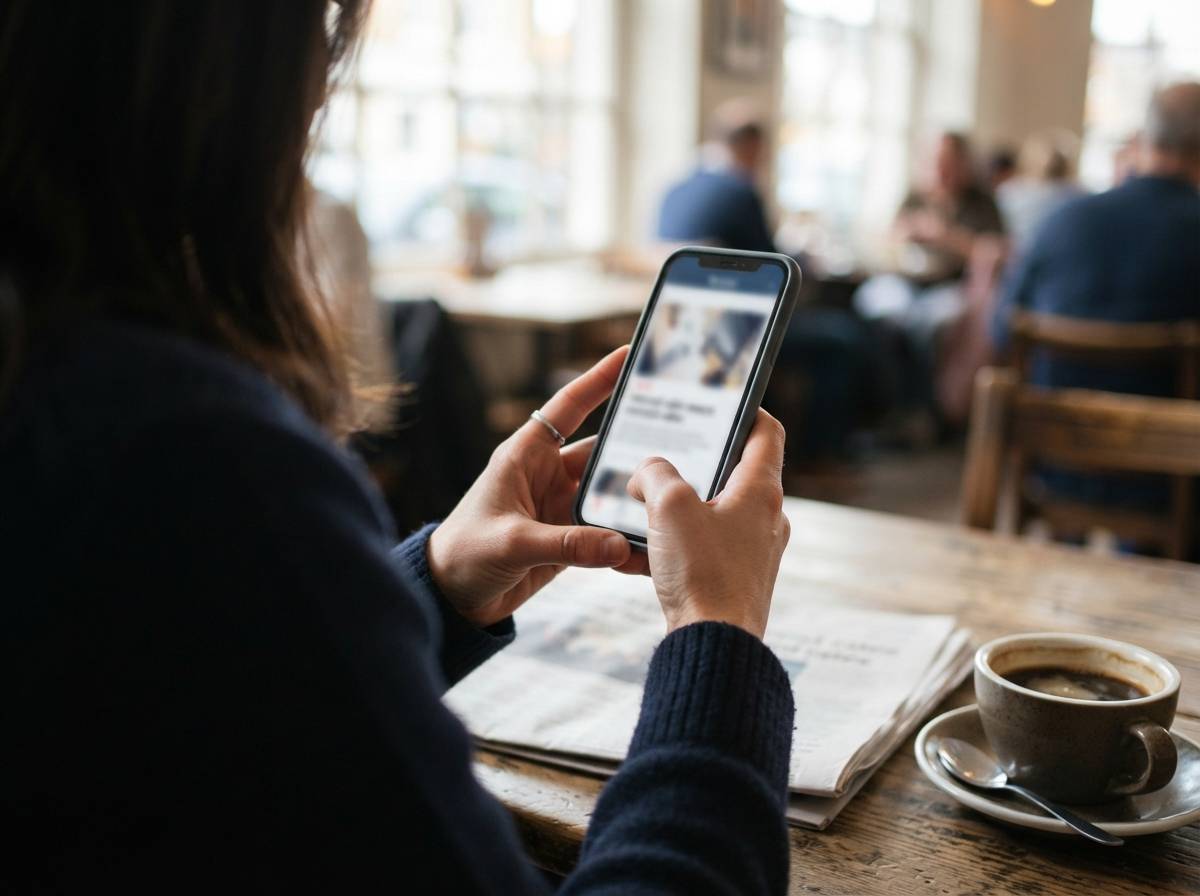 A close up of hands scrolling through financial news headlines on a smartphone.