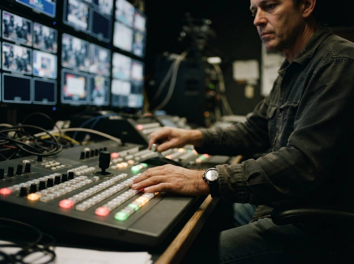 A control room technician adjusts switches while facing a wall of preview monitors.