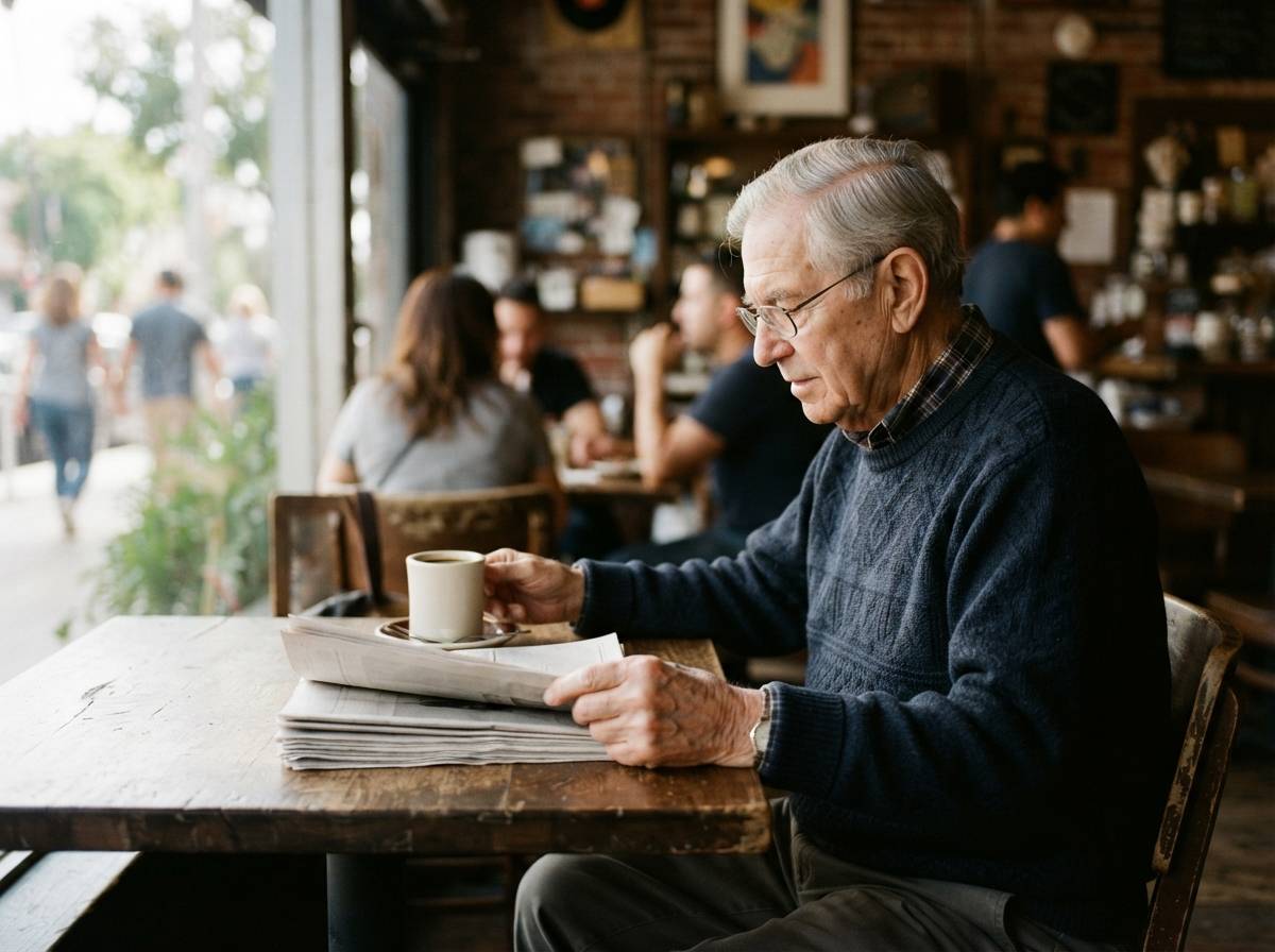 A downtown Los Angeles newsstand at dusk with stacked papers and a commuter glancing at the headlines.