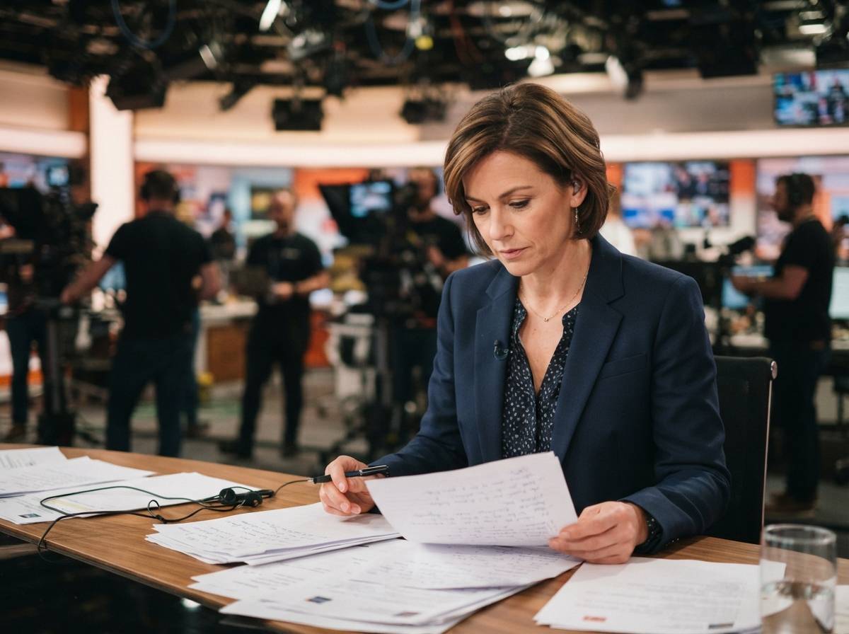 A news anchor reviewing notes at a desk in a television studio before a broadcast.