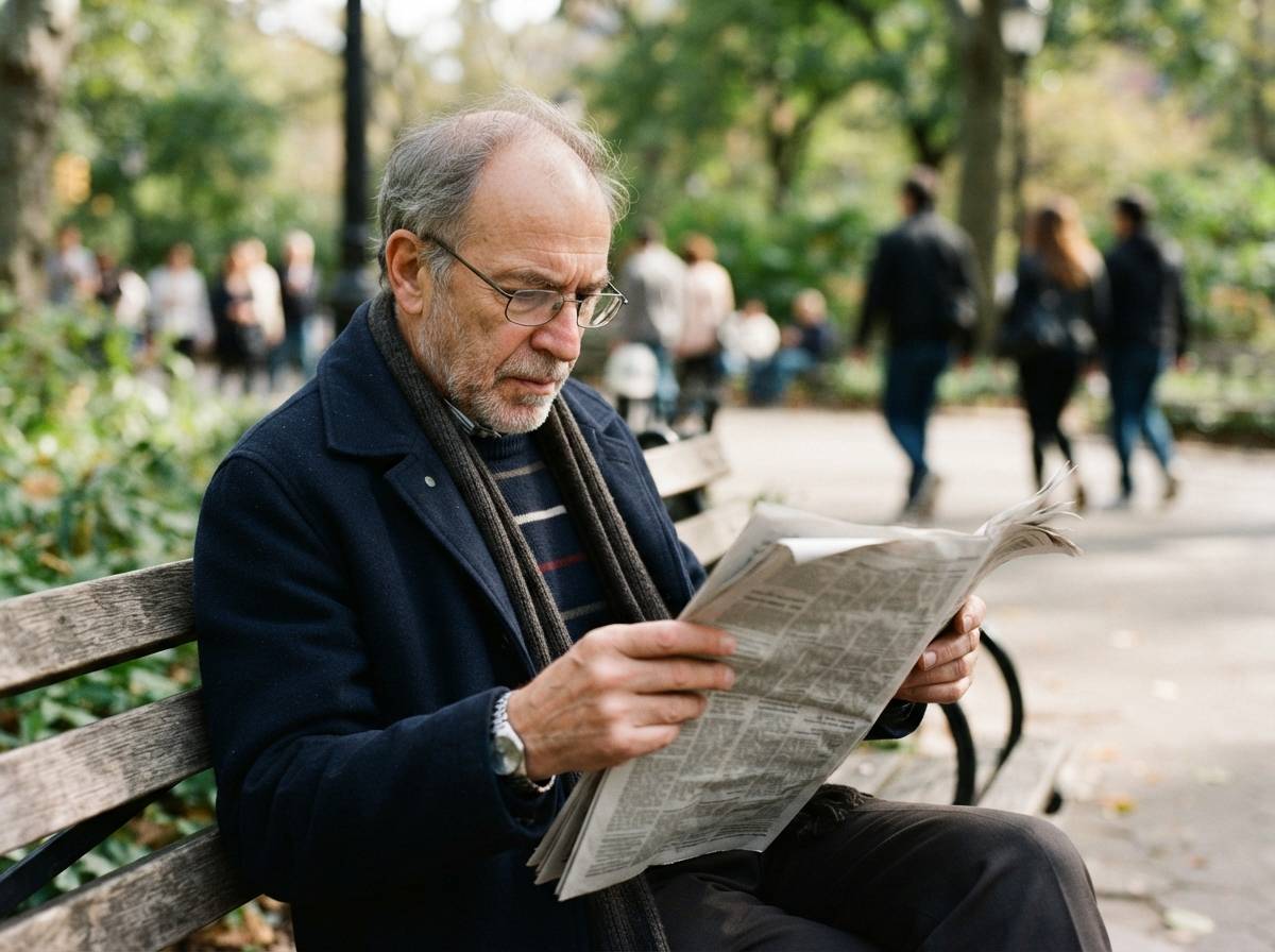 A person reading news on a laptop at a kitchen table with a cup of coffee nearby.