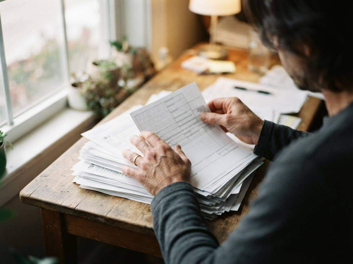 A person sorts through tax documents including a 1099 form on a desk.