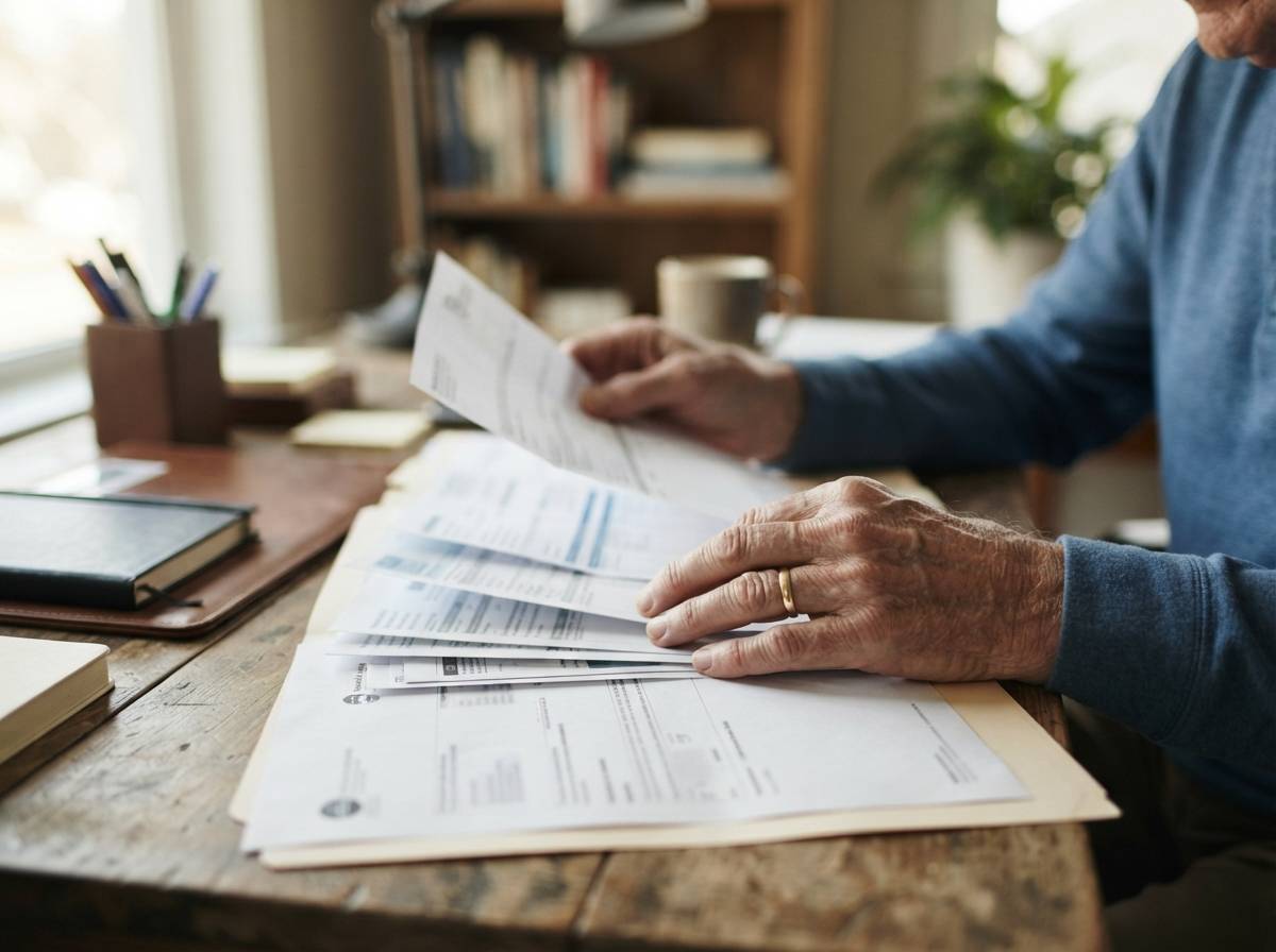 A retired man sorts through financial paperwork including a Social Security letter at his desk.','articletags1':