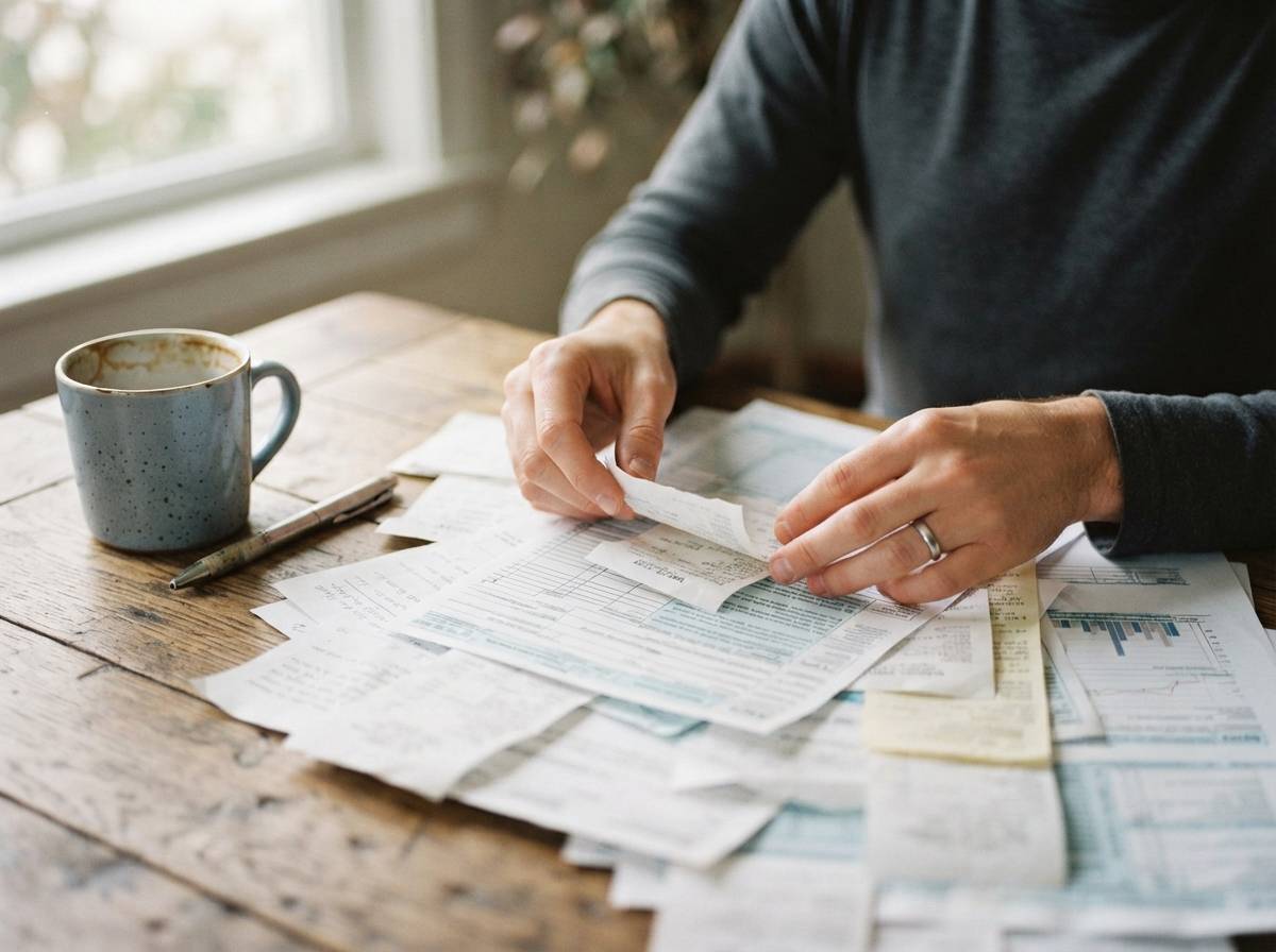 Close up of hands sorting tax forms and receipts on a desk near a coffee mug and pen.
