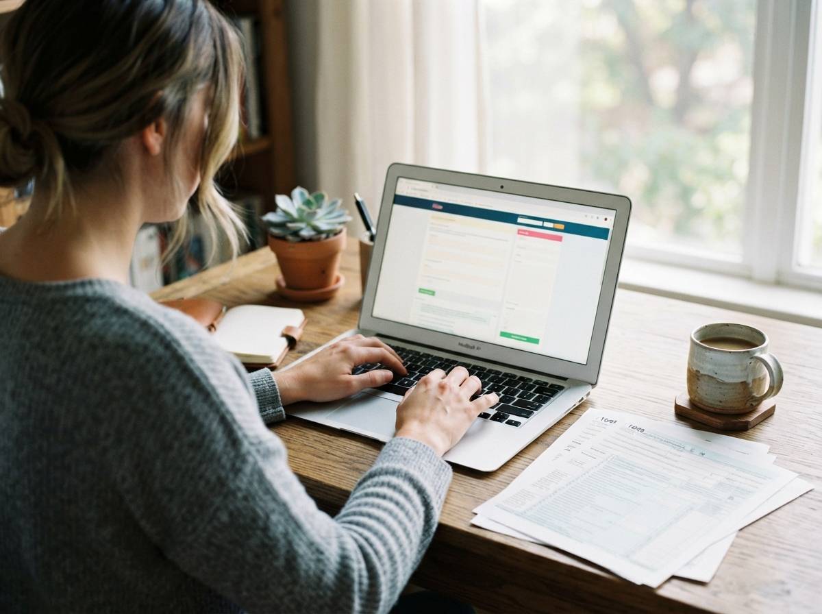 Close up of hands typing on a laptop next to printed tax forms on a desk.