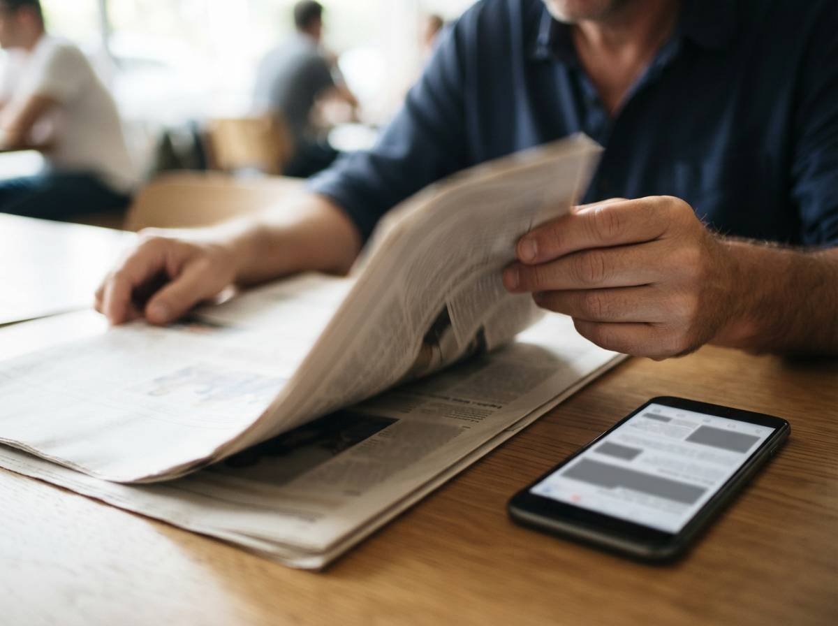 Hands turn a newspaper page next to a smartphone showing news headlines on a kitchen table.
